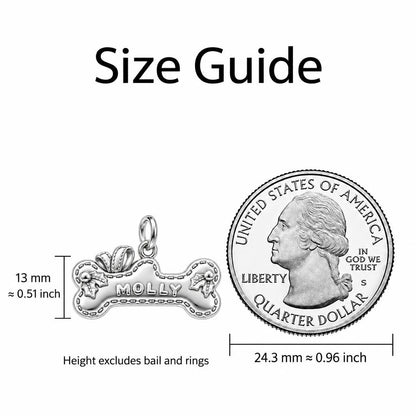 Stitched Holiday Bone Charm Bracelet – Personalized Dog Mom Gift – size guide, 13 mm charm next to a quarter