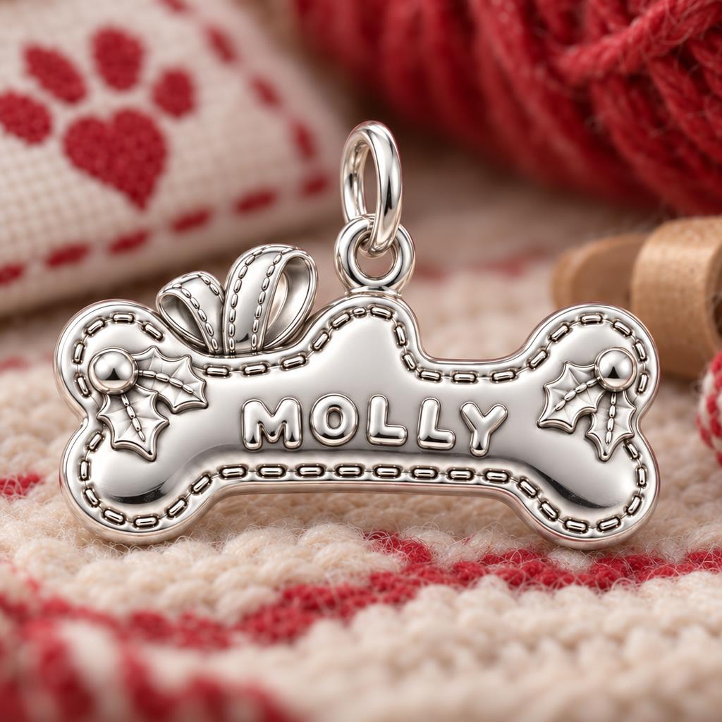 Stitched Holiday Bone Charm Bracelet – Personalized Dog Mom Gift – macro detail of the charm