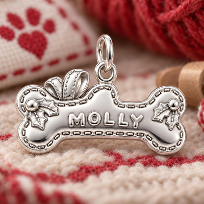 Stitched Holiday Bone Charm Bracelet – Personalized Dog Mom Gift – macro detail of the charm