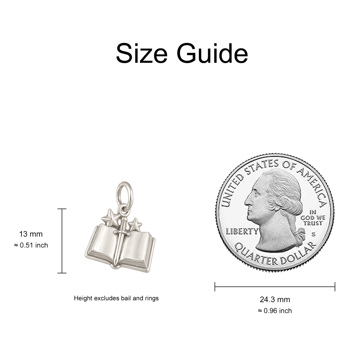 Storybook and Sword Charm — Size Guide — 13 mm body excluding bail and rings — 50-works-silver-20260916-112