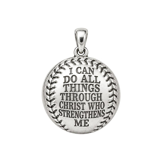 Strength in Faith Baseball Charm Bracelet – Personalized Athlete Gift – silver plated 2 cm charm, front view