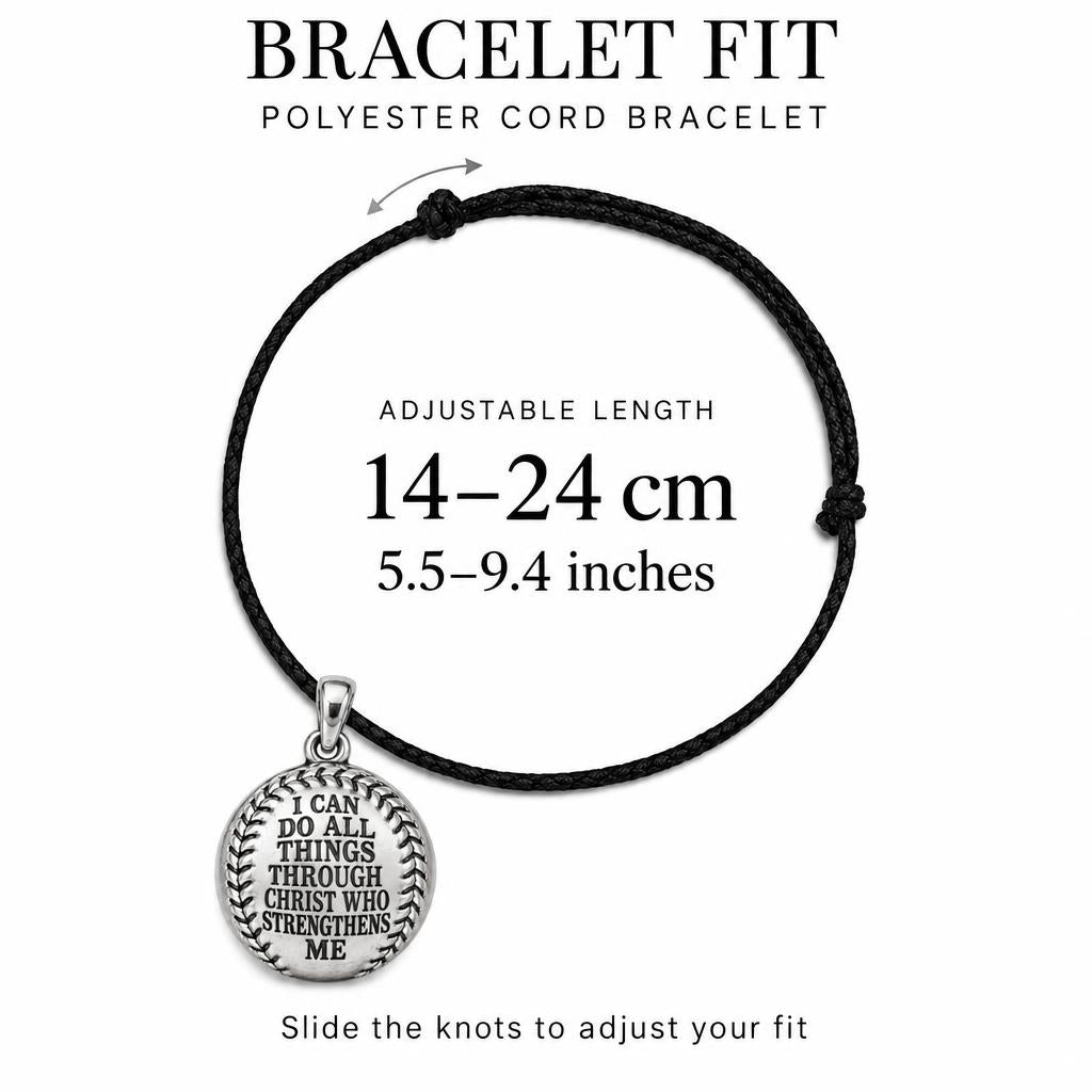 Strength in Faith Baseball Charm Bracelet – Personalized Athlete Gift – adjustable black cord bracelet, 14–24 cm