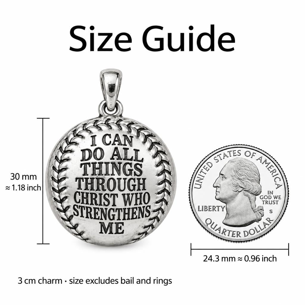 Strength in Faith Baseball Charm Bracelet – Personalized Athlete Gift – size guide, 3 cm charm next to a quarter