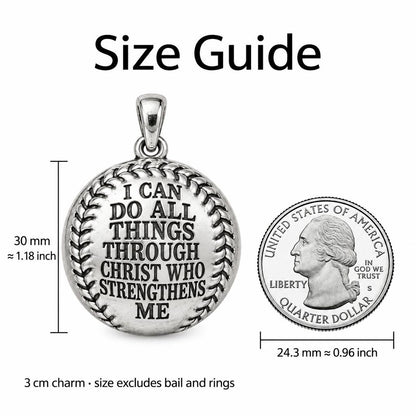 Strength in Faith Baseball Charm Bracelet – Personalized Athlete Gift – size guide, 3 cm charm next to a quarter