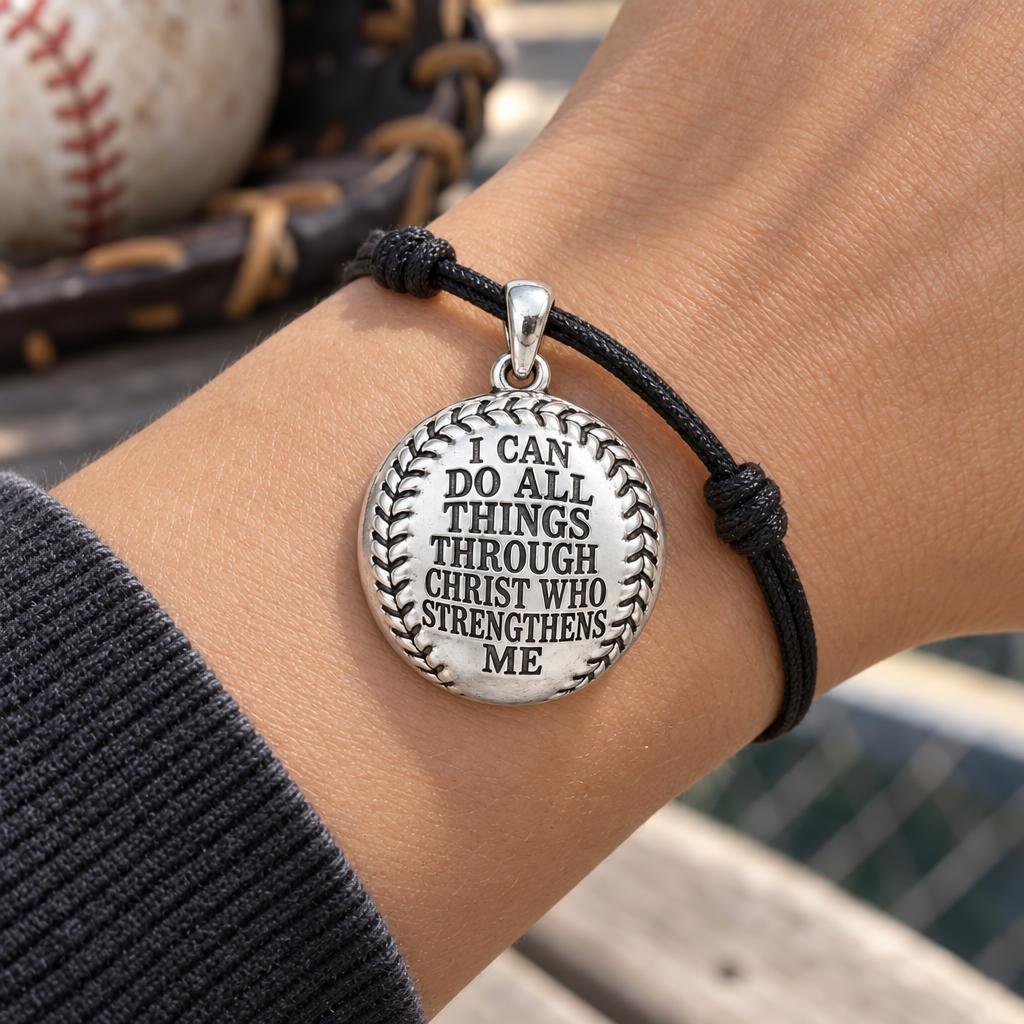 Strength in Faith Baseball Charm Bracelet – Personalized Athlete Gift – worn on the wrist on a black cord bracelet