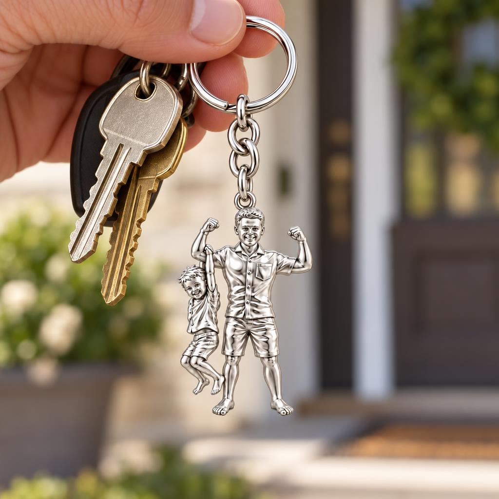 Strong Like Dad Charm Keychain – worn / in use
