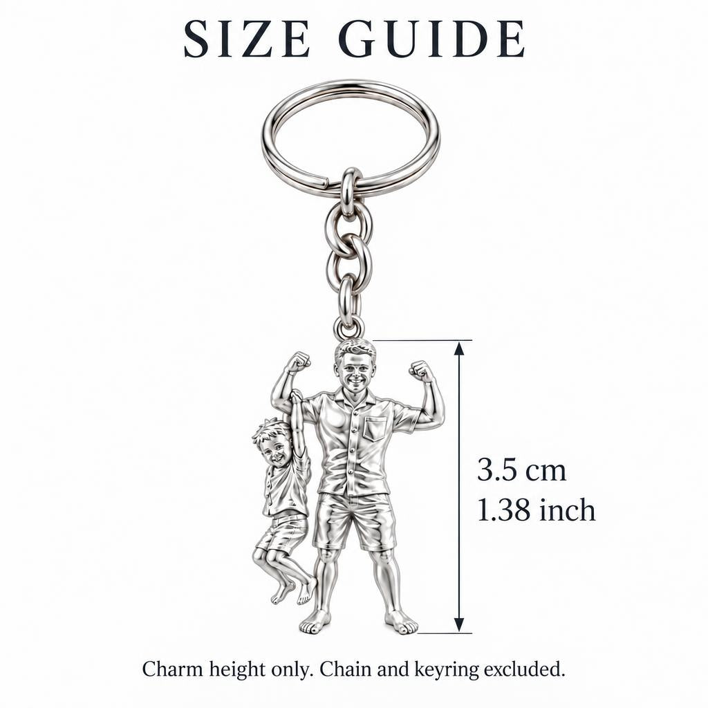 Strong Like Dad Charm Keychain – size guide, 3.5 cm (1.38 in) charm, chain and keyring excluded
