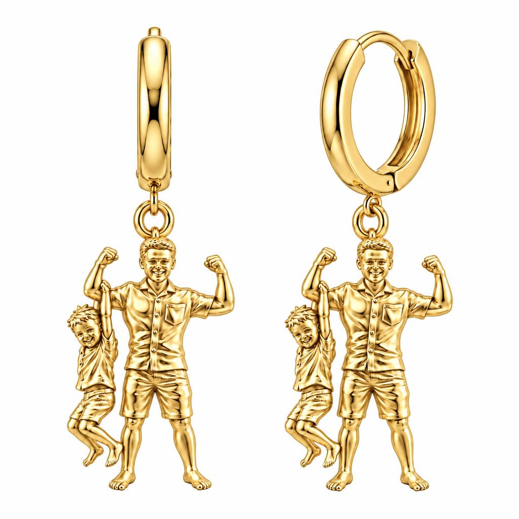 Strong Like Dad Huggie Charm Earrings – 18K gold, front view