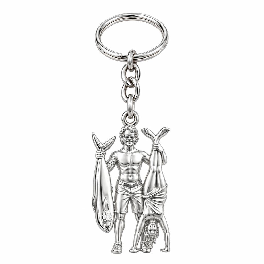 Summer Catch and Handstand Charm Keychain – silver, front view
