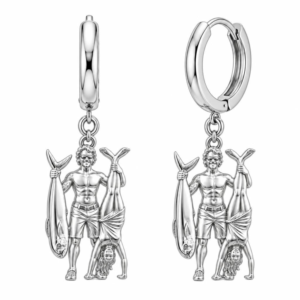 Summer Catch and Handstand Huggie Charm Earrings – silver, front view