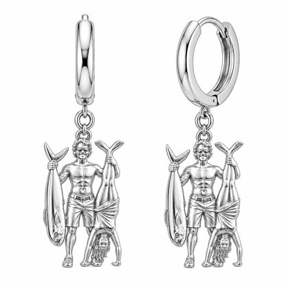 Summer Catch and Handstand Huggie Charm Earrings – silver, front view