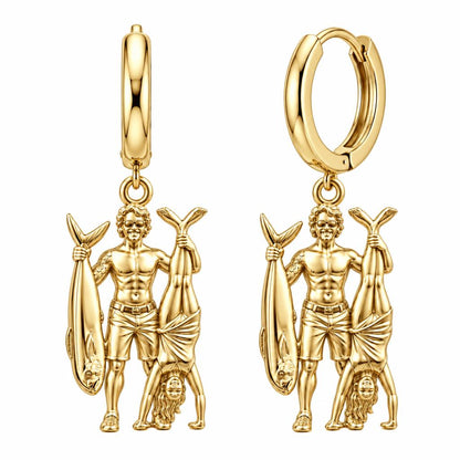 Summer Catch and Handstand Huggie Charm Earrings – 18K gold, front view
