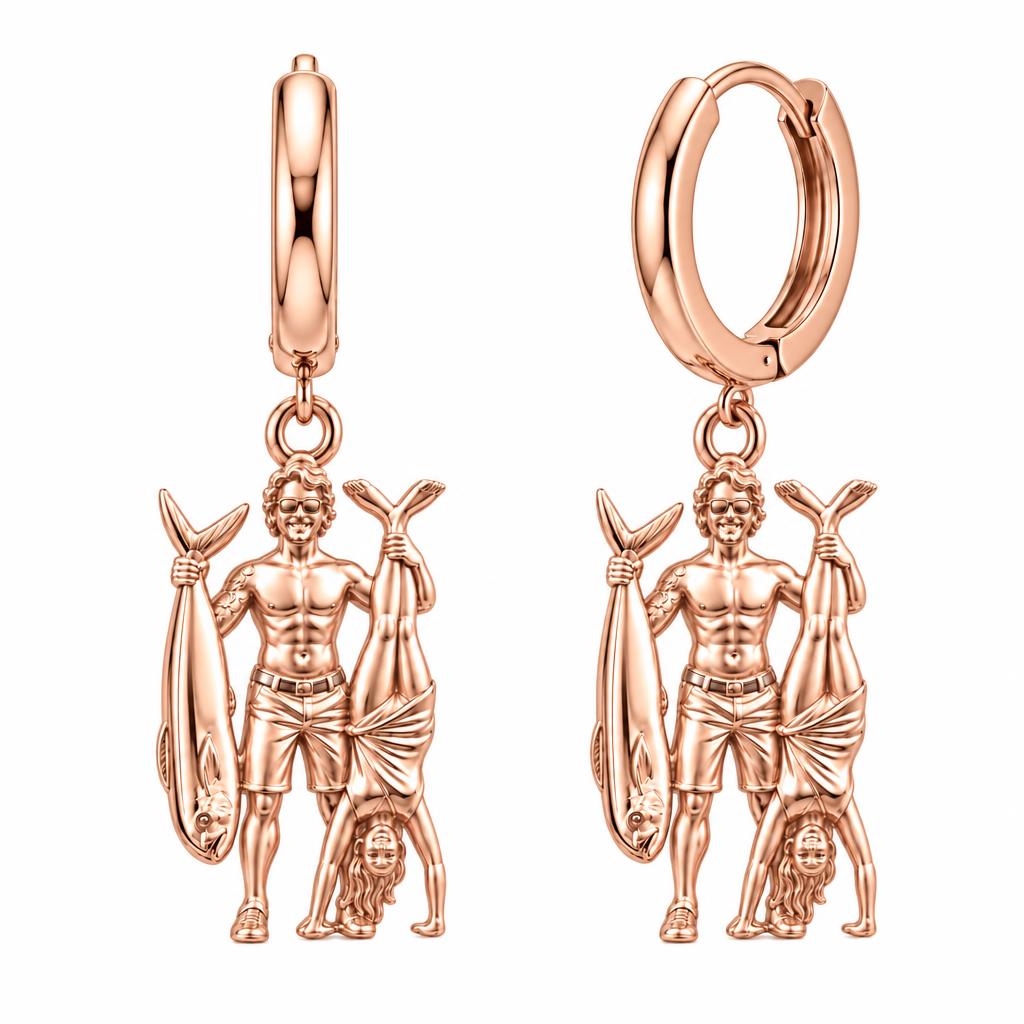 Summer Catch and Handstand Huggie Charm Earrings – rose gold, front view