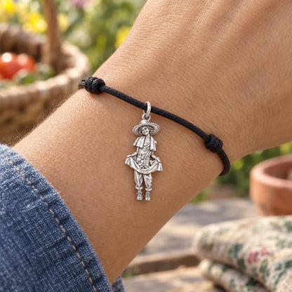 Summer Harvest Girl Charm Bracelet – Personalized Mom Gift – worn on the wrist on a black cord bracelet