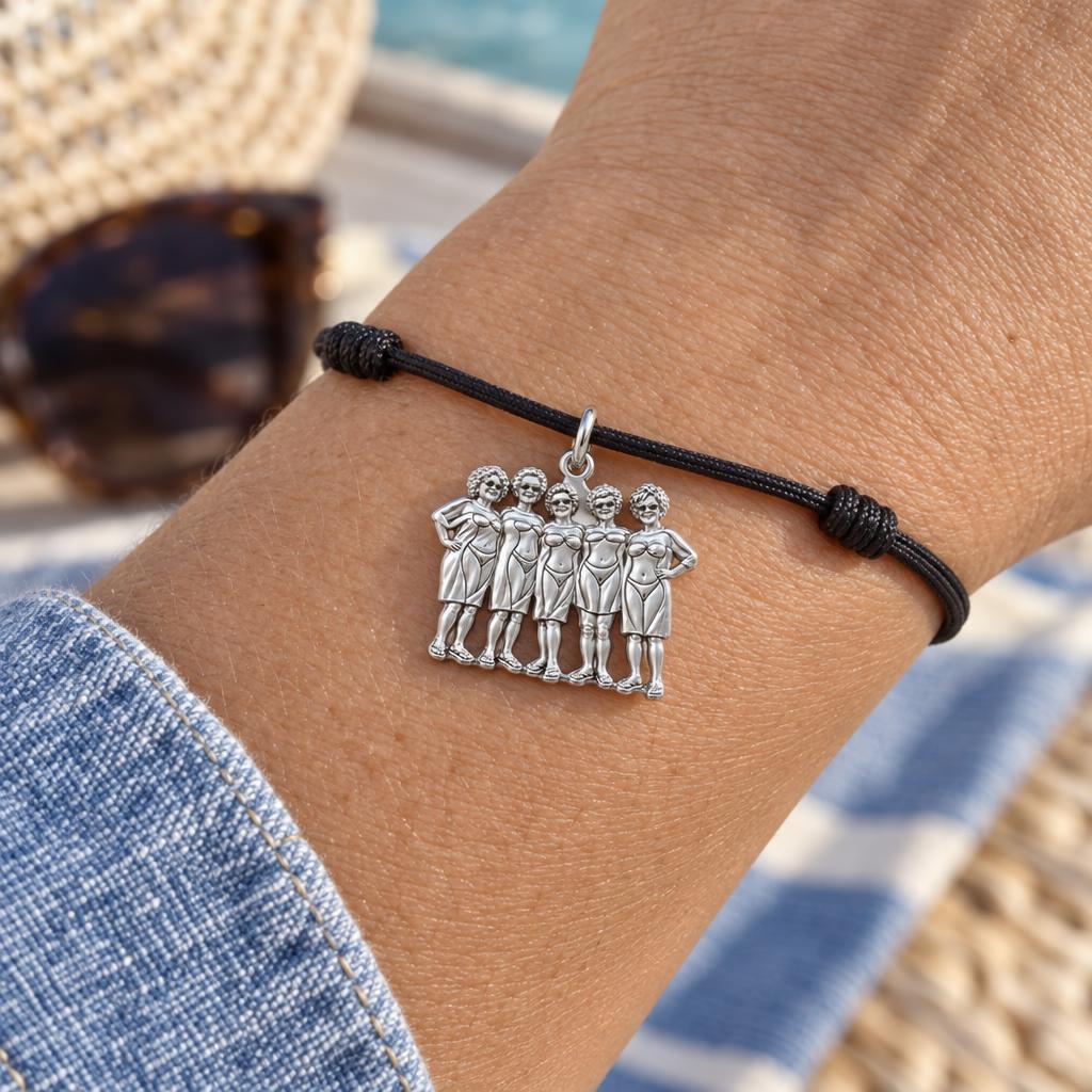 Sun-Kissed Besties Charm Bracelet – Personalized Bestie Gift – worn on the wrist on a black cord bracelet