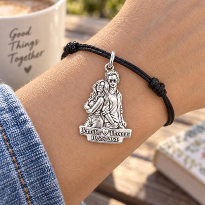 Sun-Kissed Couple Portrait Charm Bracelet – Personalized Couple Gift – worn on the wrist on a black cord bracelet