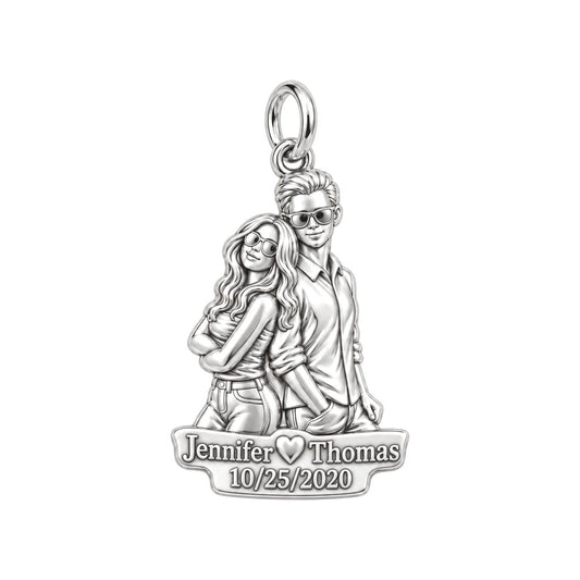 Sun-Kissed Couple Portrait Charm Bracelet – Personalized Couple Gift – silver plated 3 cm charm, front view