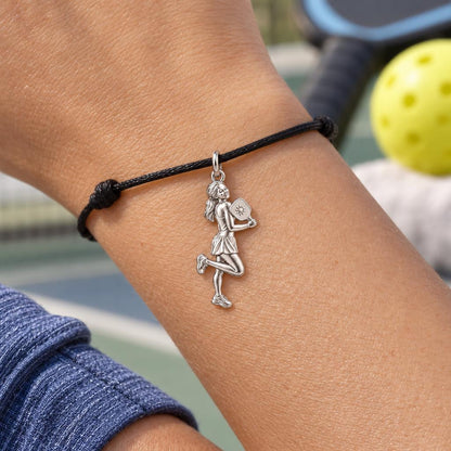 Sun-Kissed Pickleball Player Charm Bracelet – Personalized Gift – worn on the wrist on a black cord bracelet