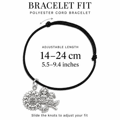 Sunflower Garden Charm Bracelet – Personalized Mom Gift – adjustable black cord bracelet, 14–24 cm
