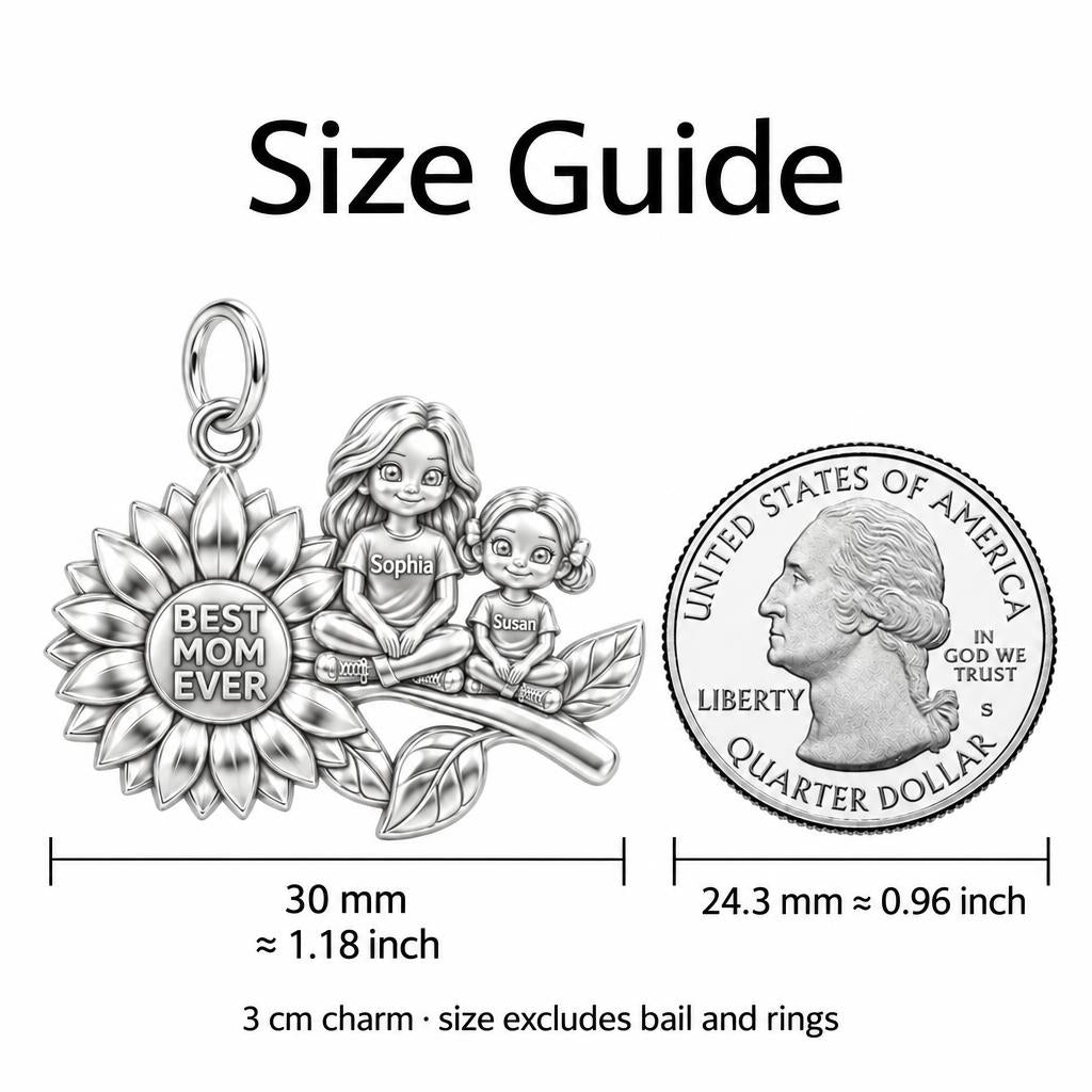 Sunflower Garden Charm Bracelet – Personalized Mom Gift – size guide, 3 cm charm next to a quarter