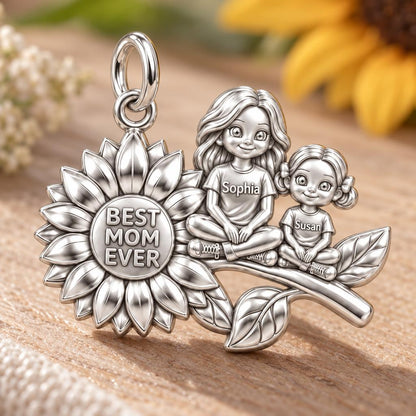 Sunflower Garden Charm Bracelet – Personalized Mom Gift – macro detail of the charm