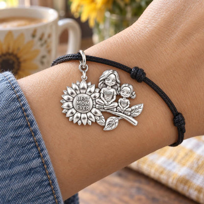 Sunflower Garden Charm Bracelet – Personalized Mom Gift – worn on the wrist on a black cord bracelet