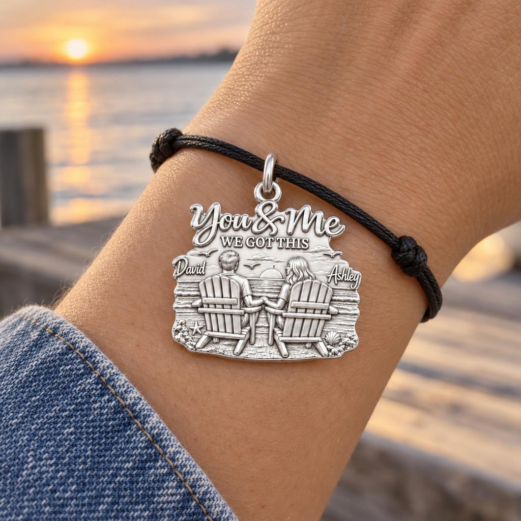 Sunset Beach Couple Charm Bracelet – Personalized Couple Gift – worn on the wrist on a black cord bracelet