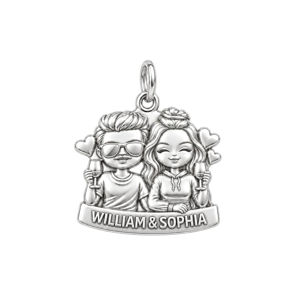 Sunset Cheers Couple Charm Bracelet – Personalized Couple Gift – silver plated 3 cm charm, front view