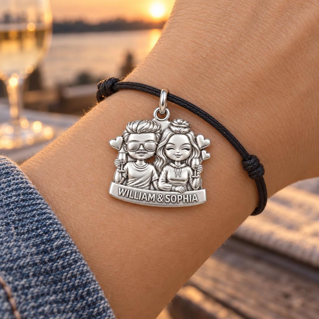 Sunset Cheers Couple Charm Bracelet – Personalized Couple Gift – worn on the wrist on a black cord bracelet