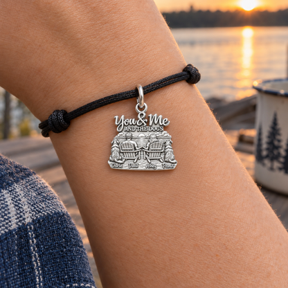 Sunset Lake Side Together Charm Bracelet – Personalized Couple Gift – worn on the wrist on a black cord bracelet