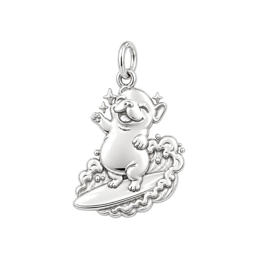 Surfing Frenchie Charm and Polyester Cord Bracelet Set – silver charm, front view
