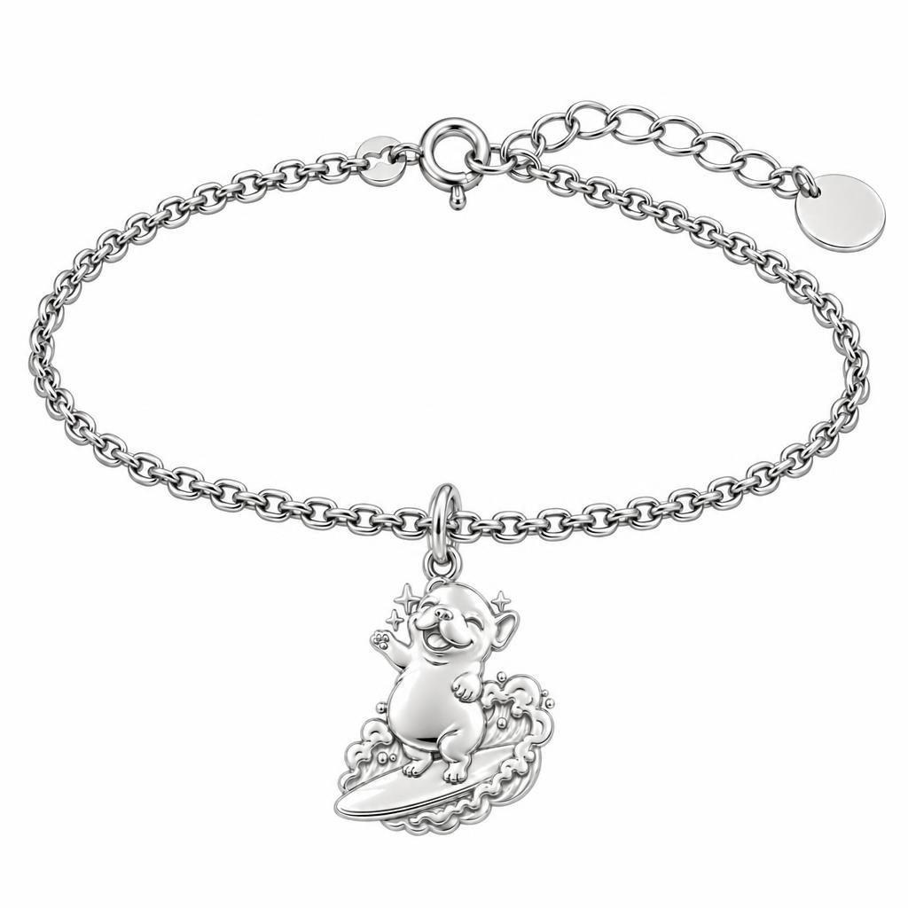 Surfing Frenchie Charm Bracelet Set – silver, front view