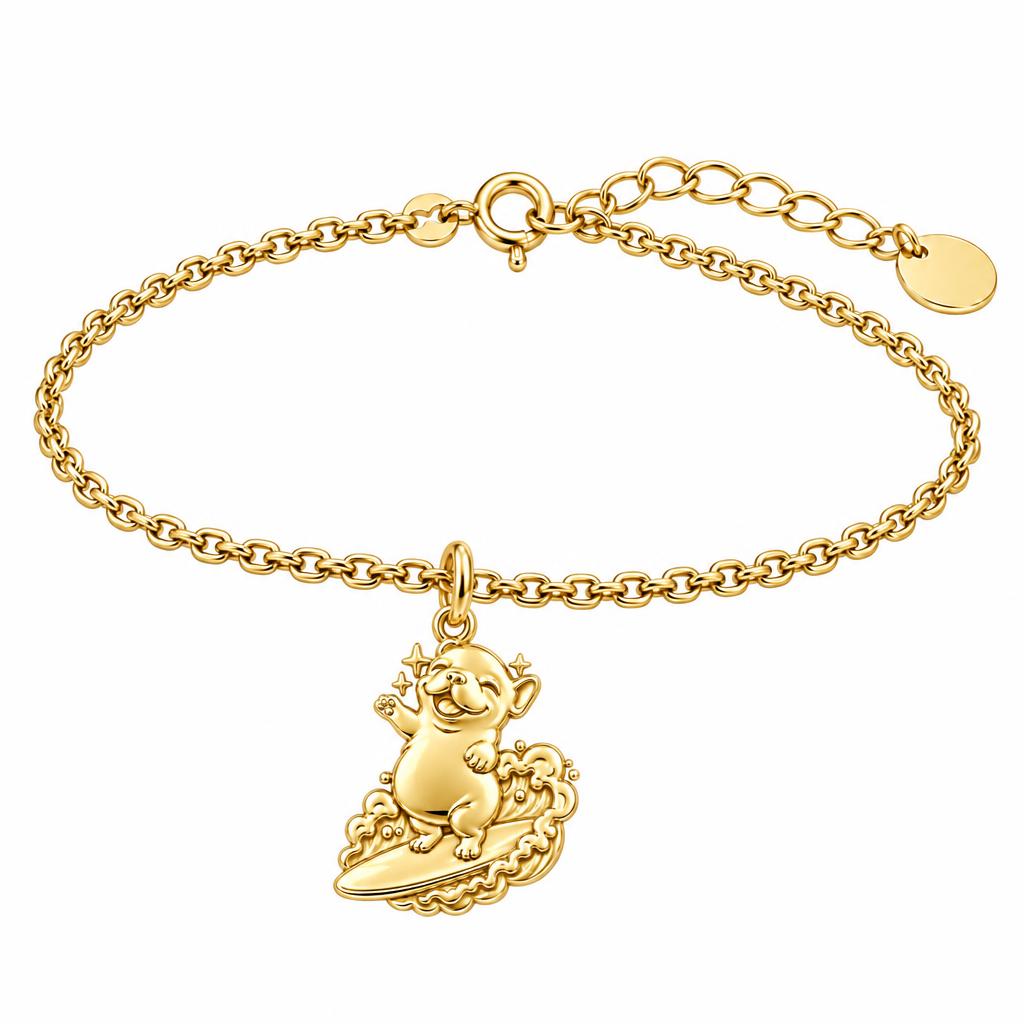 Surfing Frenchie Charm Bracelet Set – 18K gold, front view
