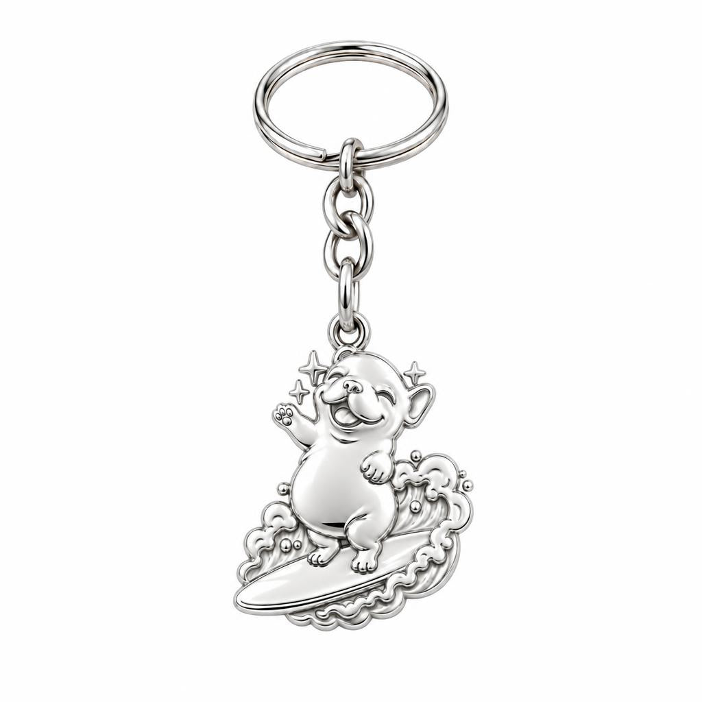 Surfing Frenchie Charm Keychain – silver, front view