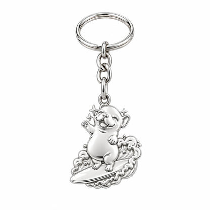 Surfing Frenchie Charm Keychain – silver, front view