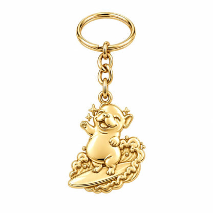 Surfing Frenchie Charm Keychain – 18K gold, front view
