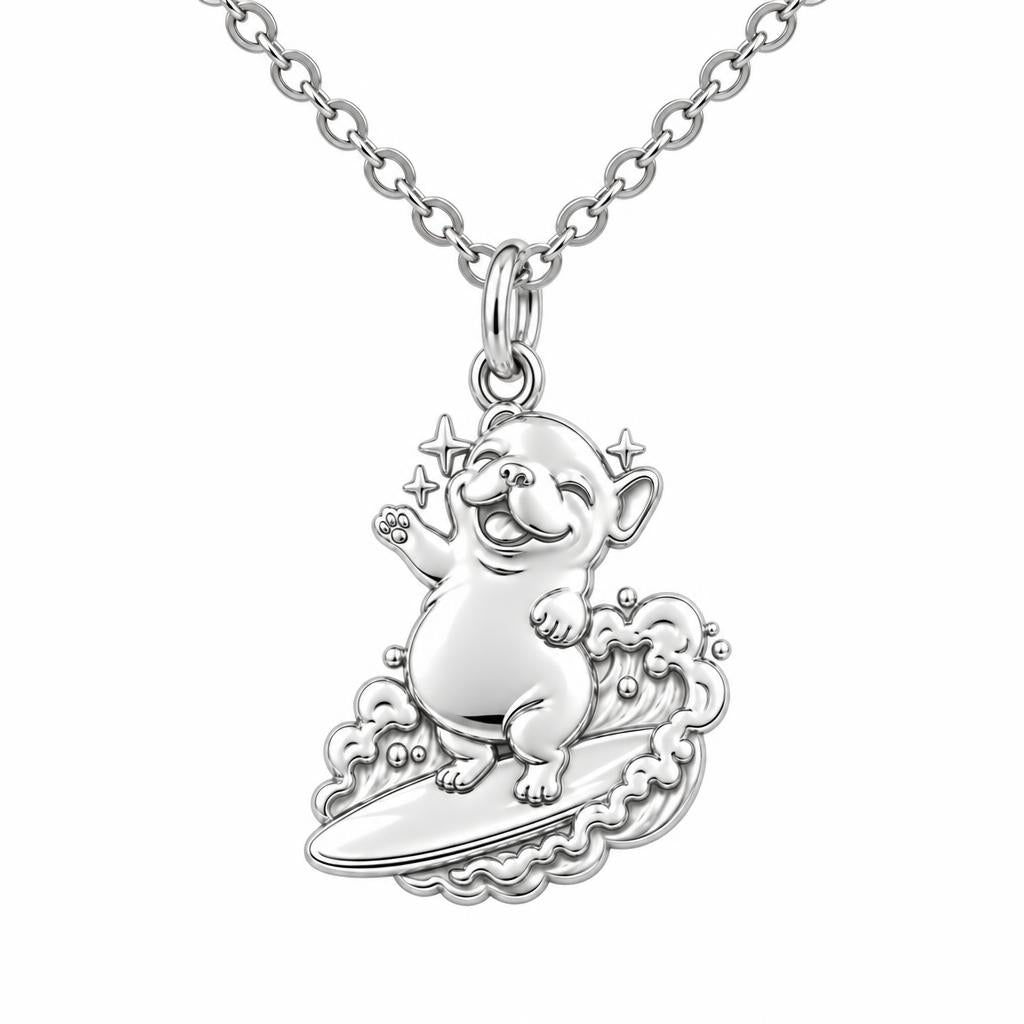 Surfing Frenchie Charm Necklace Set – silver, front view