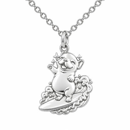 Surfing Frenchie Charm Necklace Set – silver, front view