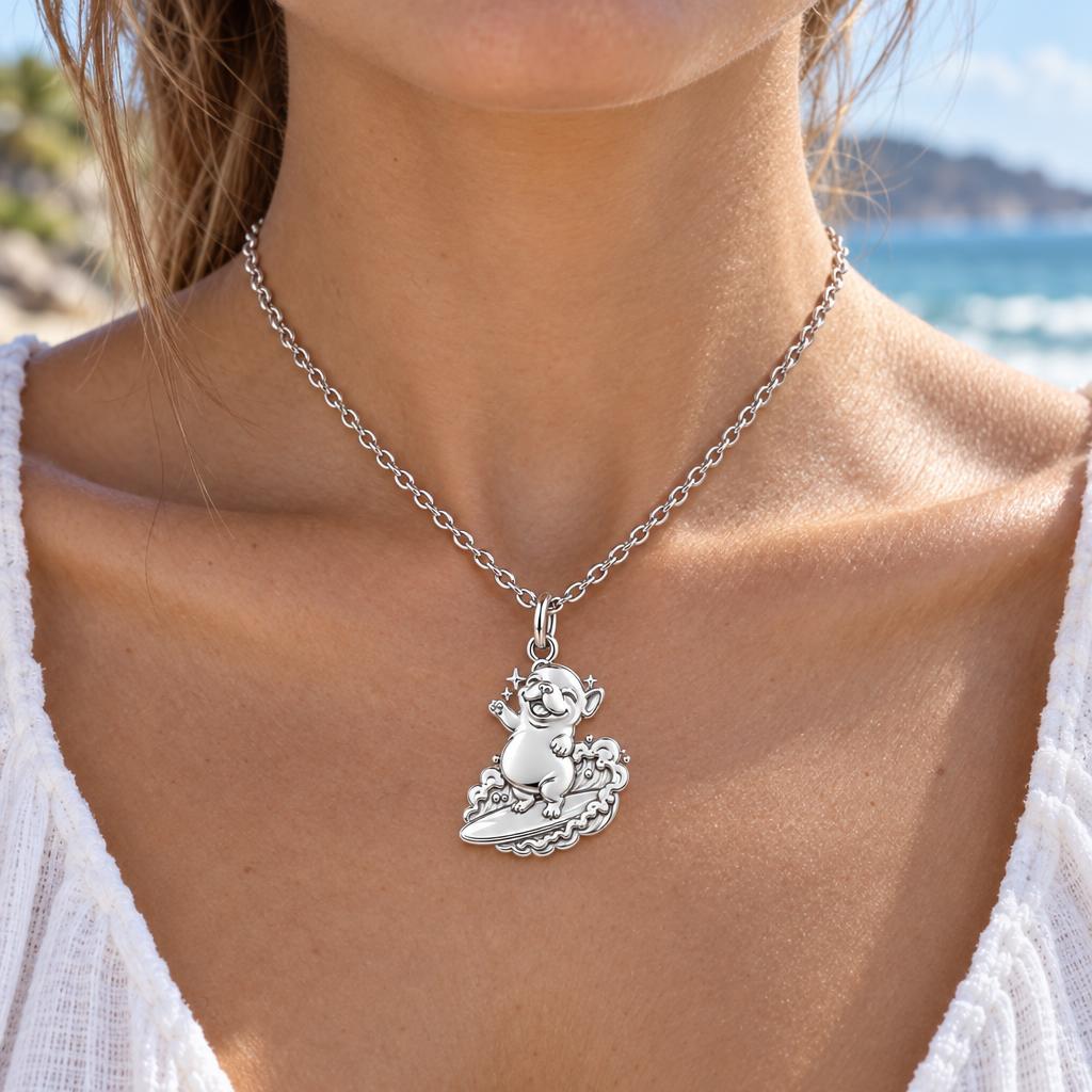 Surfing Frenchie Charm Necklace Set – worn / in use