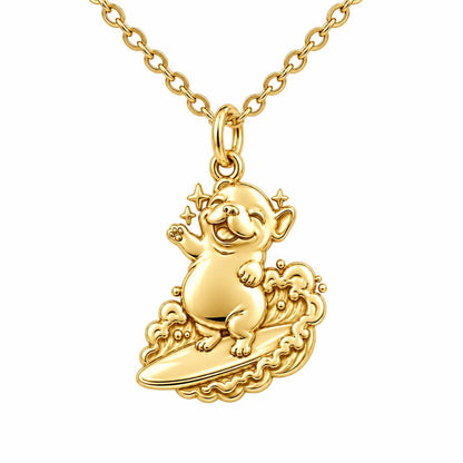 Surfing Frenchie Charm Necklace Set – 18K gold, front view