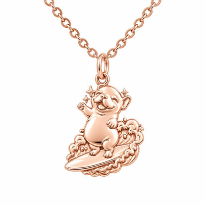 Surfing Frenchie Charm Necklace Set – rose gold, front view