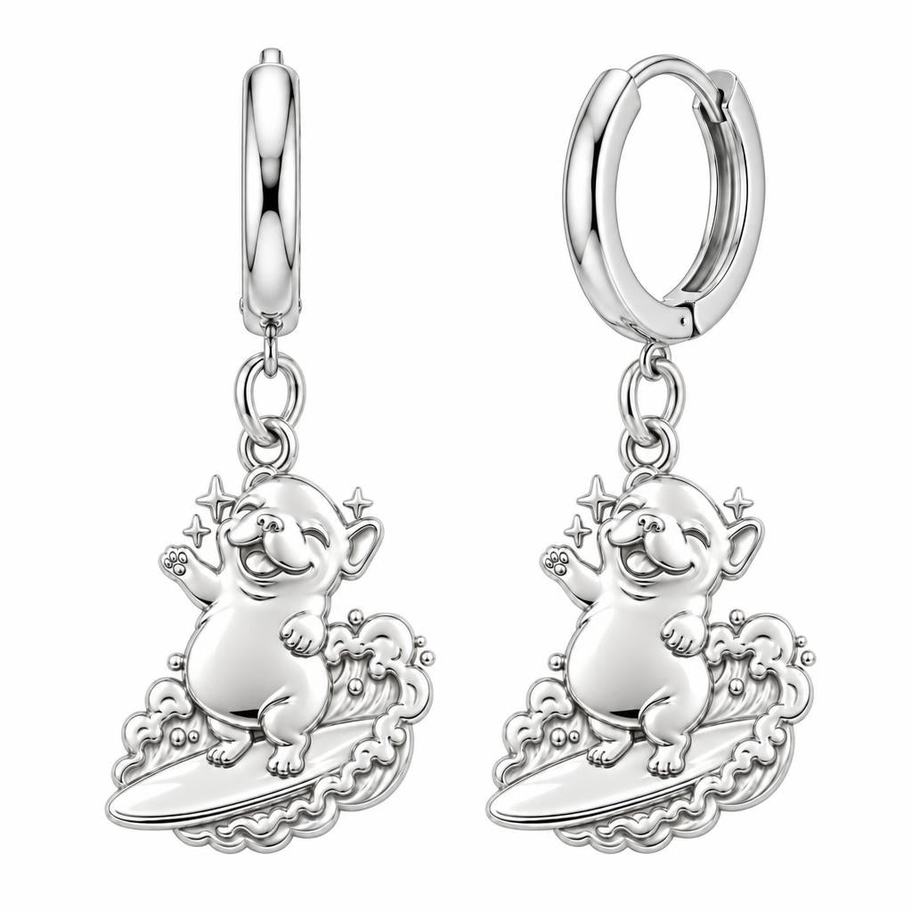 Surfing Frenchie Huggie Charm Earrings – silver, front view