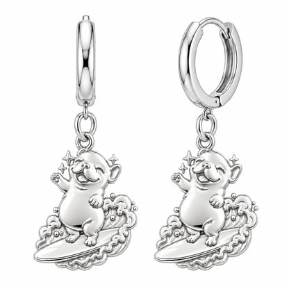 Surfing Frenchie Huggie Charm Earrings – silver, front view