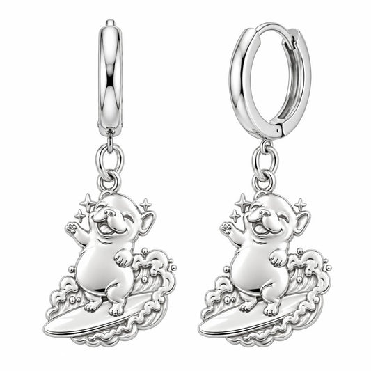Surfing Frenchie Huggie Charm Earrings – silver, front view