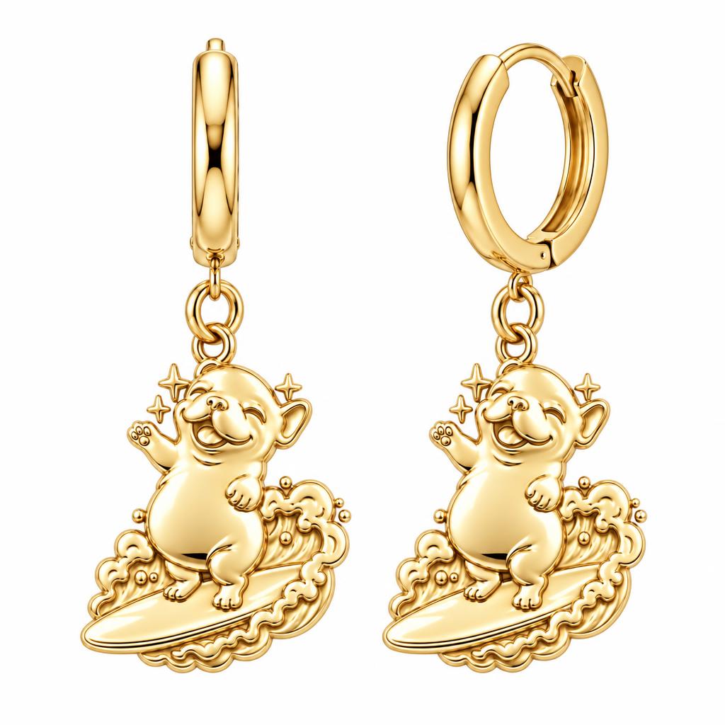 Surfing Frenchie Huggie Charm Earrings – 18K gold, front view