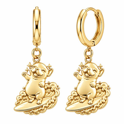 Surfing Frenchie Huggie Charm Earrings – 18K gold, front view