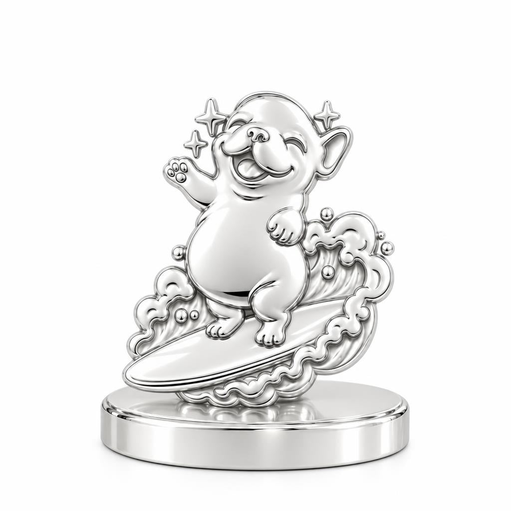 Surfing Frenchie Keepsake Plaque – silver, front view