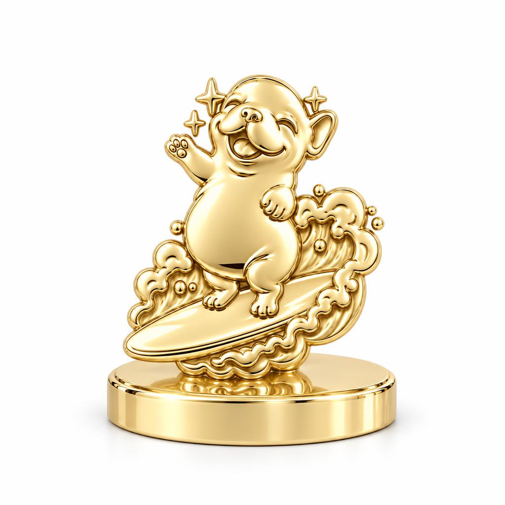 Surfing Frenchie Keepsake Plaque – 18K gold, front view
