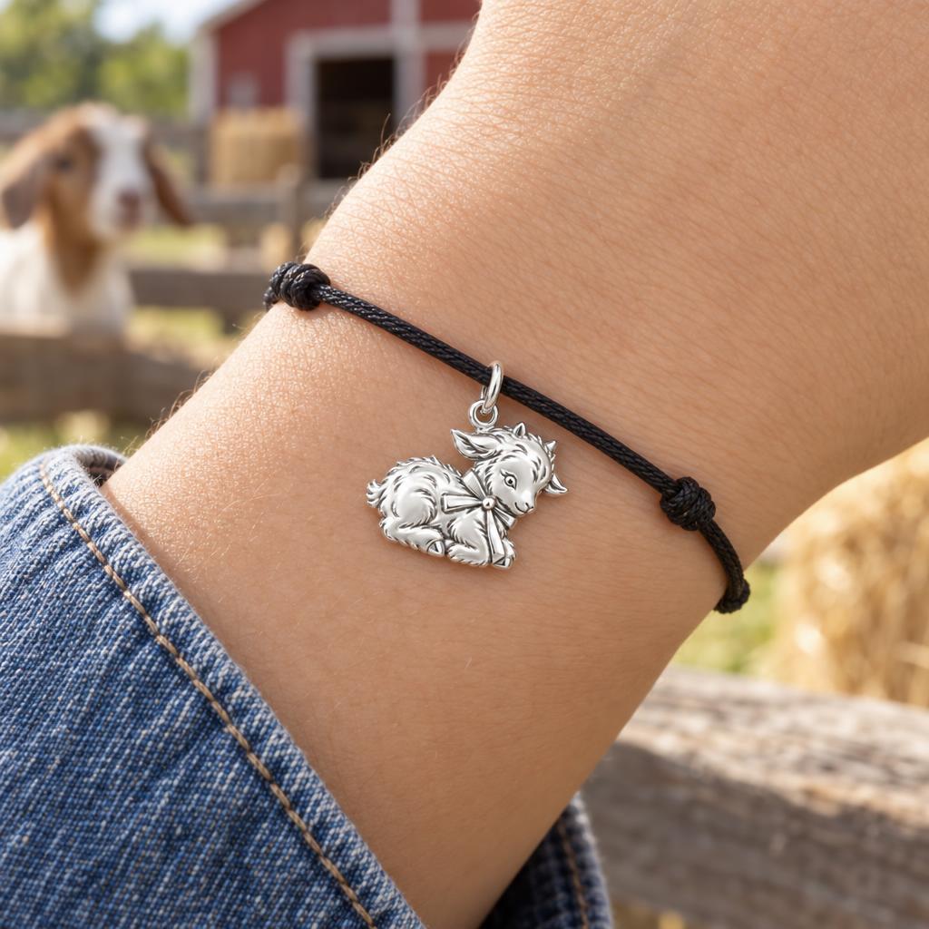 Sweet Baby Goat Charm Bracelet – Personalized Mom Gift – worn on the wrist on a black cord bracelet