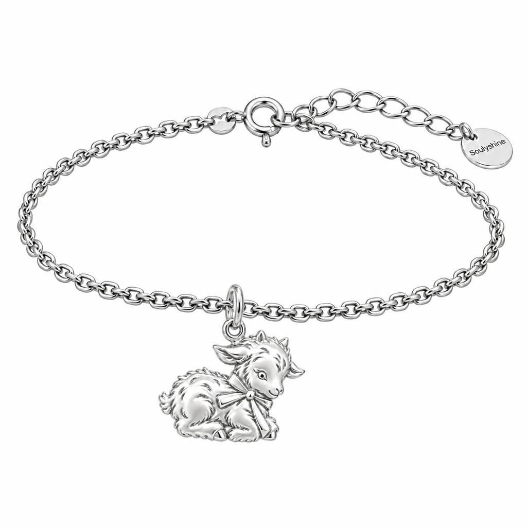 Sweet Baby Goat with Bow Charm Bracelet Set – silver, front view